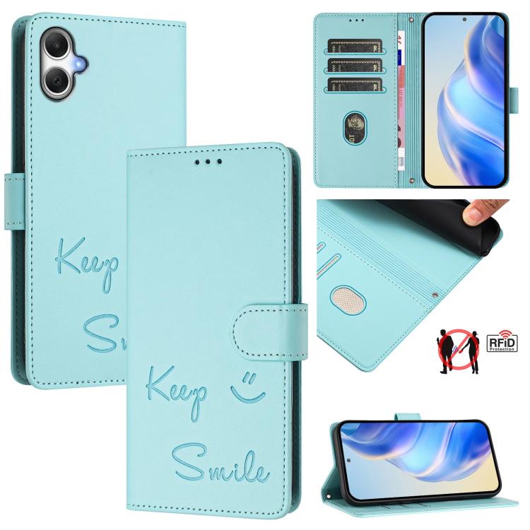 Custodia per telefono in pelle RFID con stampa Smile Embossing, For Galaxy A27 5G, For Samsung Galaxy A17 4G, For Samsung Galaxy A07 4G, For Samsung Galaxy A06 5G / 4G