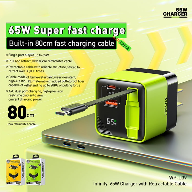 WK WP-U39 65W USB-C / Type-C, caricabatterie rapido USB GaN con cavo Type-C da 80 cm, EU Plug, US Plug