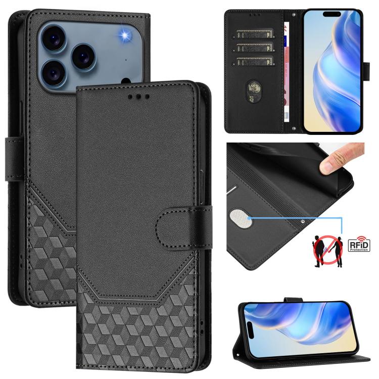 Custodia per telefono in pelle con stampa a nido d'ape e protezione RFID, For iPhone 17e / 16e, For iPhone 17 Pro Max, For iPhone 17 Pro, For iPhone 17