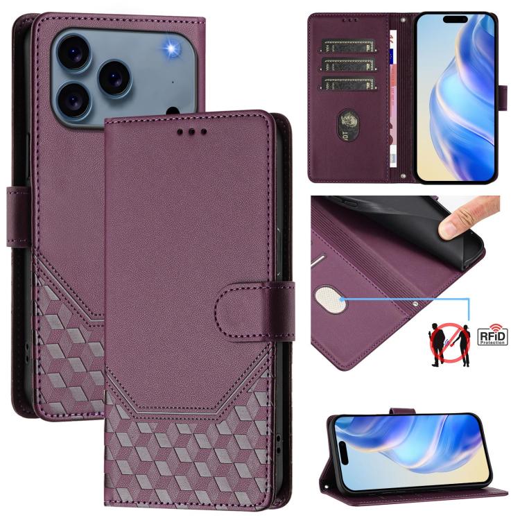 Custodia per telefono in pelle con stampa a nido d'ape e protezione RFID, For iPhone 17e / 16e, For iPhone 17 Pro Max, For iPhone 17 Pro, For iPhone 17