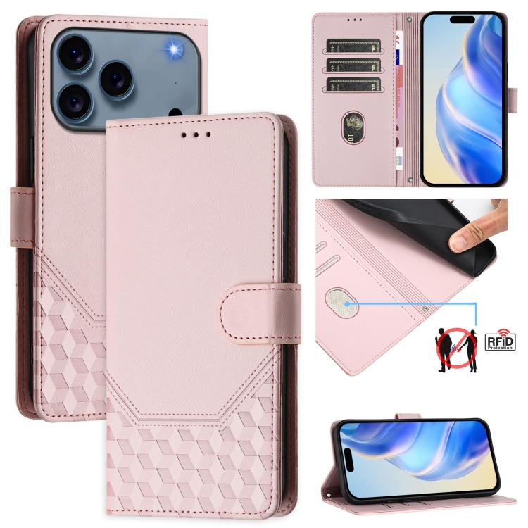 Custodia per telefono in pelle con stampa a nido d'ape e protezione RFID, For iPhone 17e / 16e, For iPhone 17 Pro Max, For iPhone 17 Pro, For iPhone 17