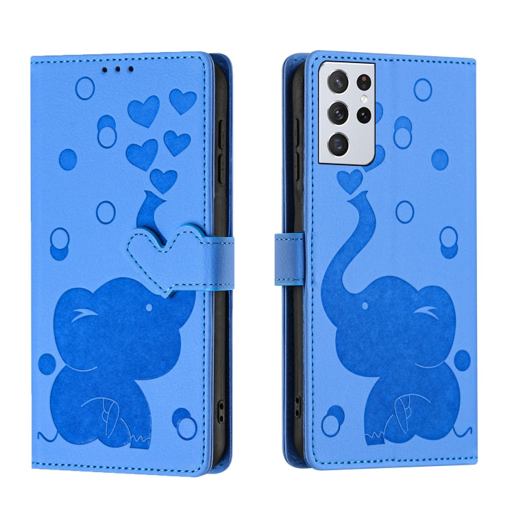 Custodia per telefono in pelle goffrata con elefante dei cartoni animati, For Samsung Galaxy S21 5G, For Samsung Galaxy S21+ 5G, For Samsung Galaxy S21 Ultra 5G