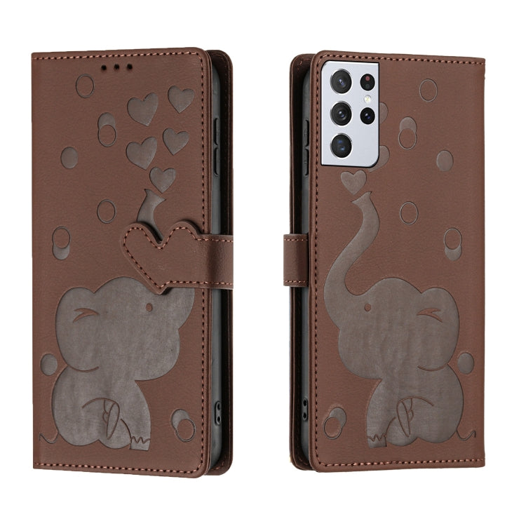 Custodia per telefono in pelle goffrata con elefante dei cartoni animati, For Samsung Galaxy S21 5G, For Samsung Galaxy S21+ 5G, For Samsung Galaxy S21 Ultra 5G
