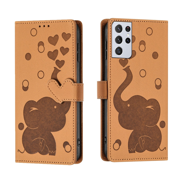 Custodia per telefono in pelle goffrata con elefante dei cartoni animati, For Samsung Galaxy S21 5G, For Samsung Galaxy S21+ 5G, For Samsung Galaxy S21 Ultra 5G