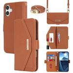 Custodia per telefono in pelle con cordino a tracolla e texture incrociata, For iPhone 16 Plus, For iPhone 16, For iPhone 15 Pro Max, For iPhone 15 Pro