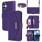 Custodia per telefono in pelle con cordino a tracolla e texture incrociata, For iPhone 16 Plus, For iPhone 16, For iPhone 15 Pro Max, For iPhone 15 Pro