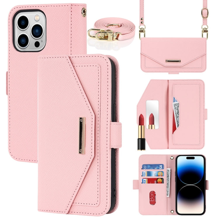 Custodia per telefono in pelle con cordino a tracolla e texture incrociata, For iPhone 16 Plus, For iPhone 16, For iPhone 15 Pro Max, For iPhone 15 Pro