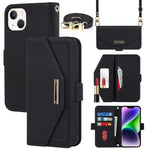 Custodia per telefono in pelle con cordino a tracolla e texture incrociata, For iPhone 15 Plus, For iPhone 15