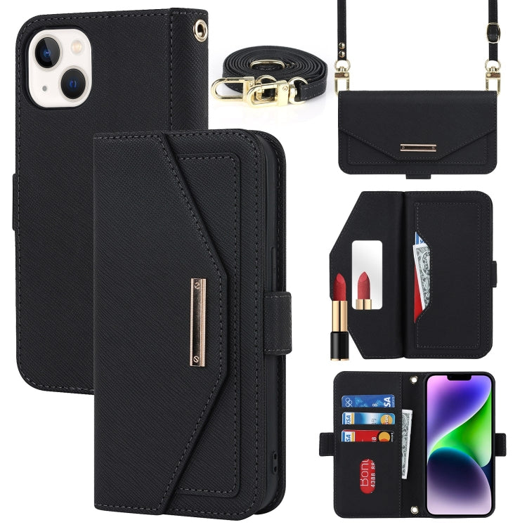 Custodia per telefono in pelle con cordino a tracolla e texture incrociata, For iPhone 15 Plus, For iPhone 15