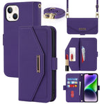 Custodia per telefono in pelle con cordino a tracolla e texture incrociata, For iPhone 15 Plus, For iPhone 15