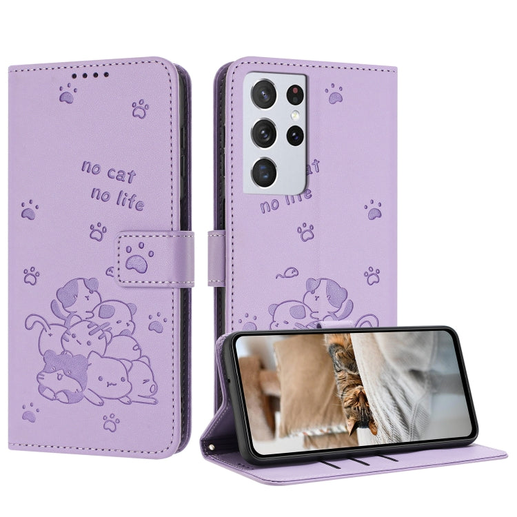 Custodia in pelle per telefono con gattino in rilievo e cordino, For Samsung Galaxy S21+ 5G, For Samsung Galaxy S21 Ultra 5G