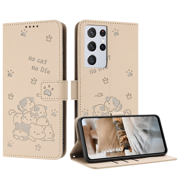 Custodia in pelle per telefono con gattino in rilievo e cordino, For Samsung Galaxy S21+ 5G, For Samsung Galaxy S21 Ultra 5G