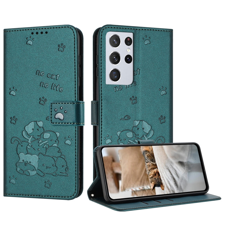Custodia in pelle per telefono con gattino in rilievo e cordino, For Samsung Galaxy S21+ 5G, For Samsung Galaxy S21 Ultra 5G