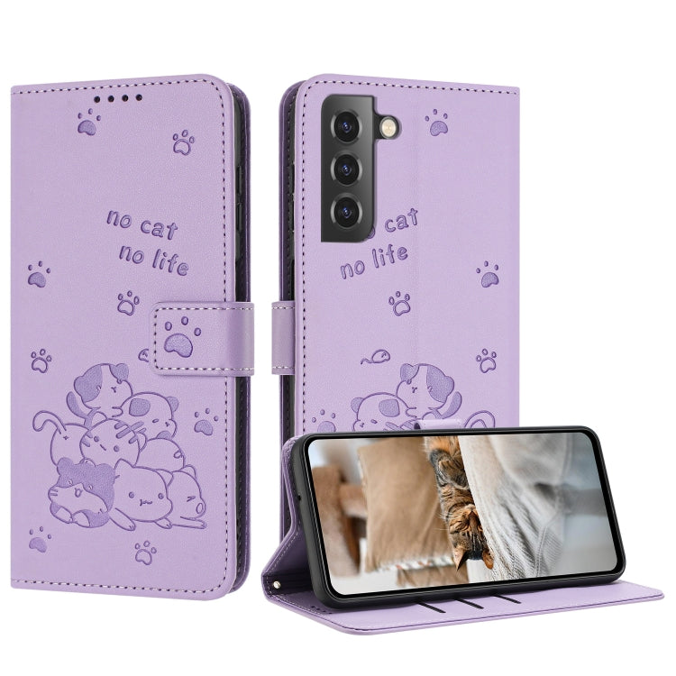 Custodia in pelle per telefono con gattino in rilievo e cordino, For Samsung Galaxy S22+ 5G, For Samsung Galaxy S22 5G, For Samsung Galaxy S21 FE 5G, For Samsung Galaxy S21 5G