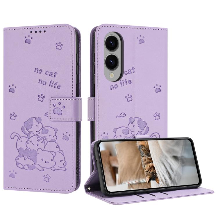Custodia in pelle per telefono con gattino in rilievo e cordino, For Samsung Galaxy S25 FE 5G, For Samsung Galaxy S25 Edge 5G, For Samsung Galaxy S25 / S24 5G, For Samsung Galaxy S25+ / S24+ 5G