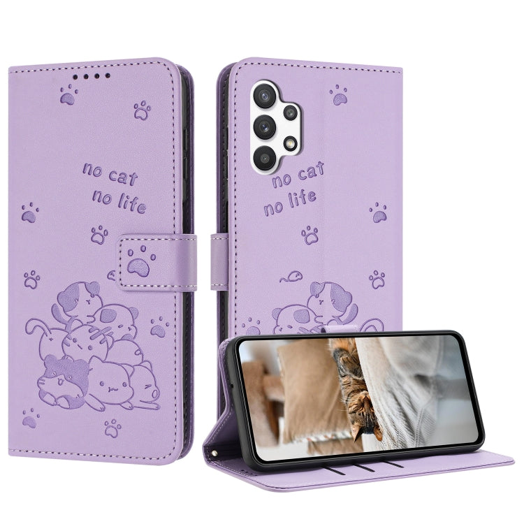 Custodia in pelle per telefono con gattino in rilievo e cordino, For Samsung Galaxy A13 5G / 4G, For Samsung Galaxy A53 5G, For Samsung Galaxy A73 5G, For Samsung Galaxy A03 Core