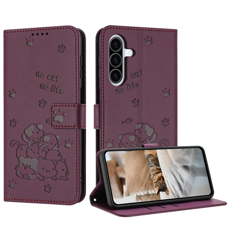 Custodia in pelle per telefono con gattino in rilievo e cordino, For Samsung Galaxy A56 5G, For Samsung Galaxy A36 5G, For Samsung Galaxy A16 5G, For Samsung Galaxy A06 4G