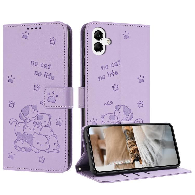 Custodia in pelle per telefono con gattino in rilievo e cordino, For Samsung Galaxy A57 5G, For Galaxy A27 5G, For Samsung Galaxy A07 4G, For Samsung Galaxy A17 5G / A26 5G