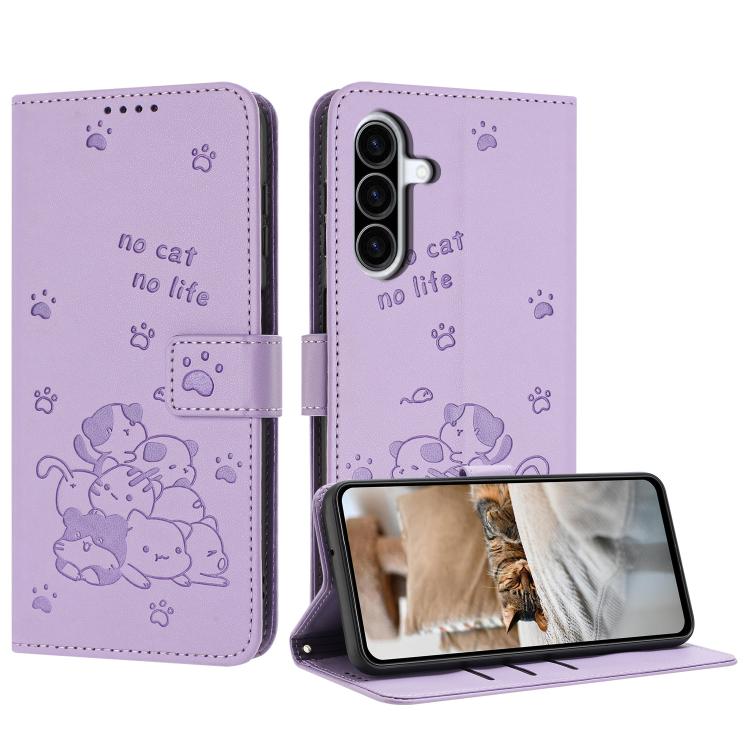 Custodia in pelle per telefono con gattino in rilievo e cordino, For Samsung Galaxy A57 5G, For Galaxy A27 5G, For Samsung Galaxy A07 4G, For Samsung Galaxy A17 5G / A26 5G