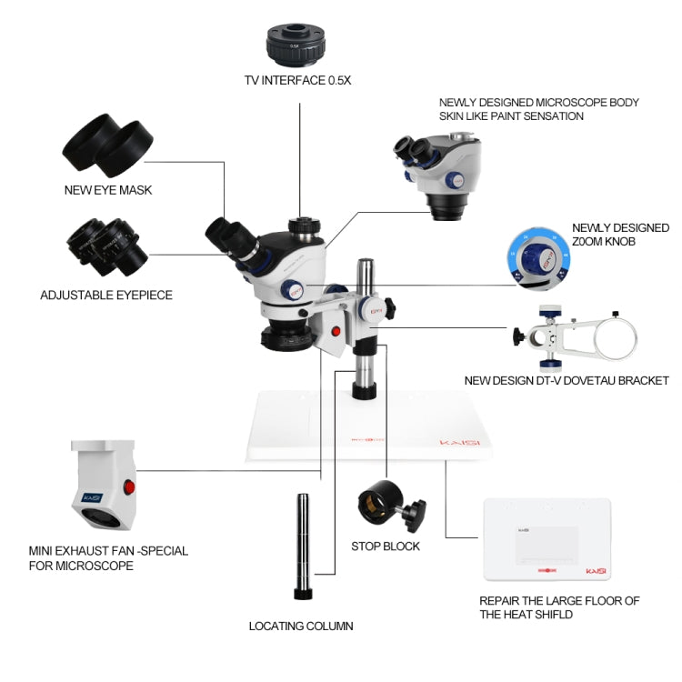 Kaisi TX-350E Ver1.3 7X-50X Zoom Trinocular Stereo Microscope with Large Base and 4K Camera, Kaisi TX-350E Ver1.3