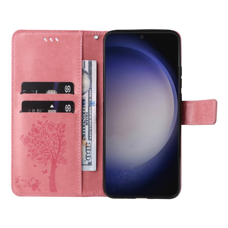 Custodia per telefono in pelle con motivo in rilievo albero e gatto, For Galaxy S25 / S24 5G, For Galaxy S25+ / S24+ 5G