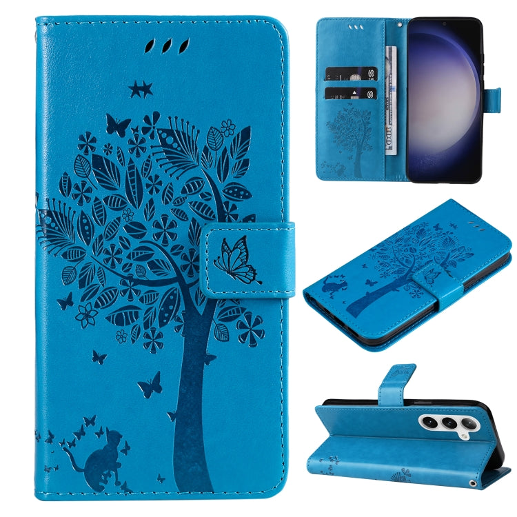 Custodia per telefono in pelle con motivo in rilievo albero e gatto, For Galaxy S25 / S24 5G, For Galaxy S25+ / S24+ 5G