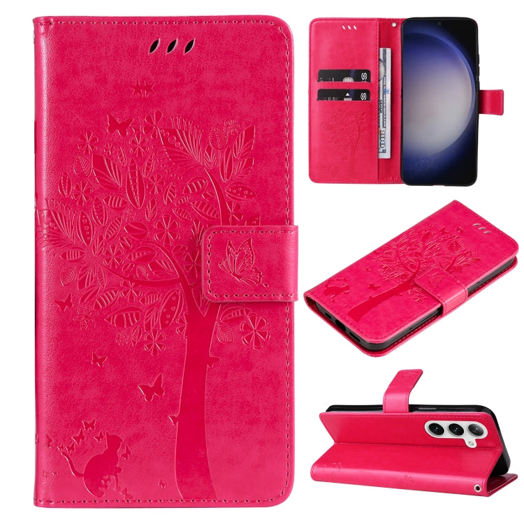 Custodia per telefono in pelle con motivo in rilievo albero e gatto, For Galaxy S25 / S24 5G, For Galaxy S25+ / S24+ 5G