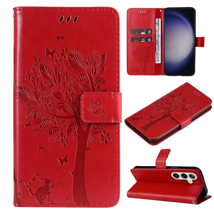 Custodia per telefono in pelle con motivo in rilievo albero e gatto, For Galaxy S25 / S24 5G, For Galaxy S25+ / S24+ 5G