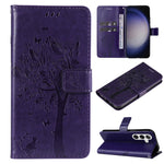 Custodia per telefono in pelle con motivo in rilievo albero e gatto, For Galaxy S25 / S24 5G, For Galaxy S25+ / S24+ 5G