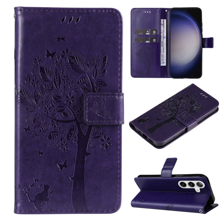 Custodia per telefono in pelle con motivo in rilievo albero e gatto, For Galaxy S25 / S24 5G, For Galaxy S25+ / S24+ 5G