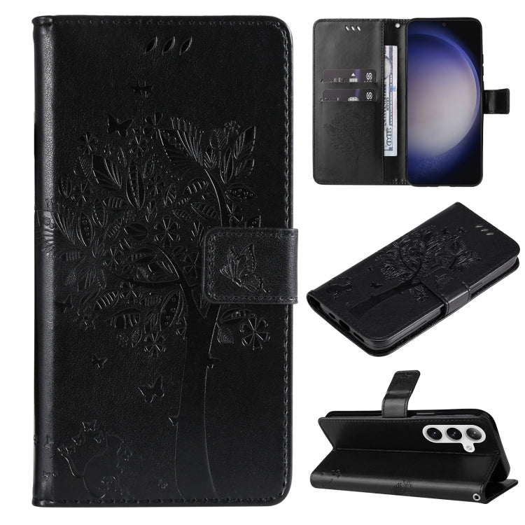 Custodia per telefono in pelle con motivo in rilievo albero e gatto, For Galaxy S25 / S24 5G, For Galaxy S25+ / S24+ 5G