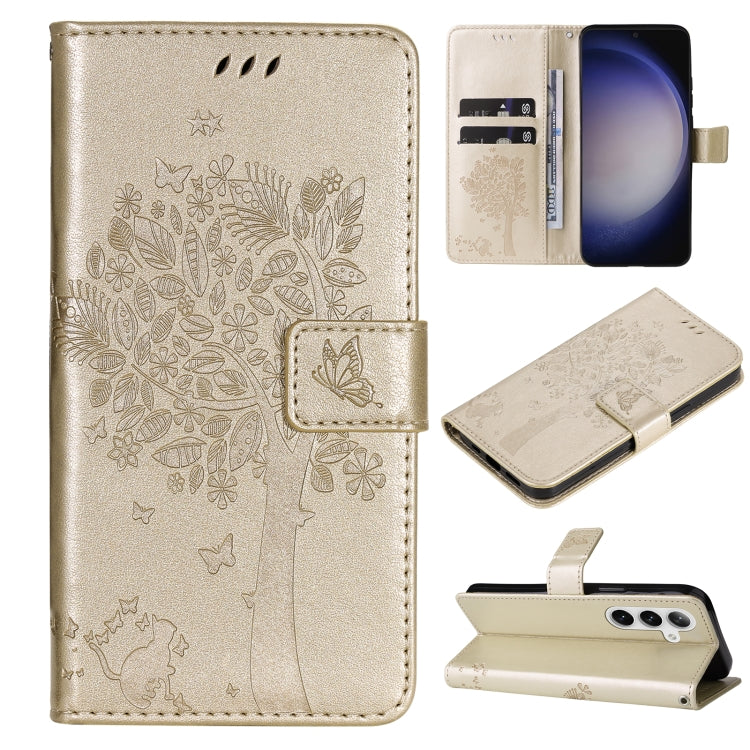 Custodia per telefono in pelle con motivo in rilievo albero e gatto, For Galaxy S25 / S24 5G, For Galaxy S25+ / S24+ 5G