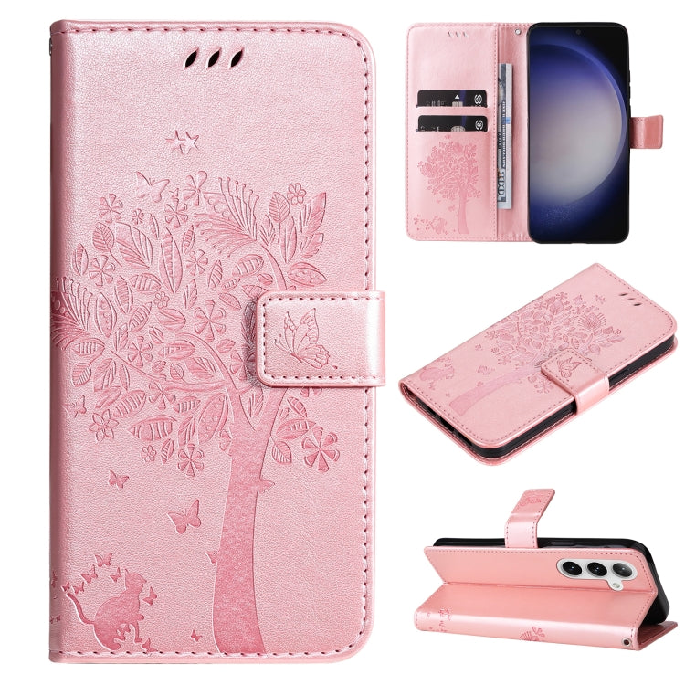 Custodia per telefono in pelle con motivo in rilievo albero e gatto, For Galaxy S25 / S24 5G, For Galaxy S25+ / S24+ 5G