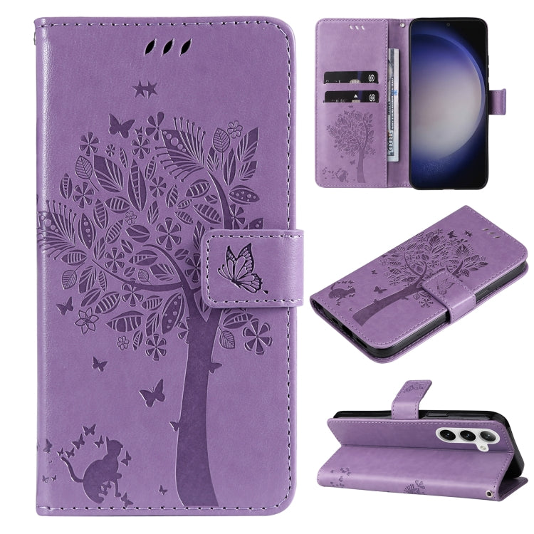 Custodia per telefono in pelle con motivo in rilievo albero e gatto, For Galaxy S25 / S24 5G, For Galaxy S25+ / S24+ 5G