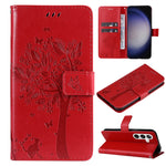 Custodia per telefono in pelle con motivo in rilievo albero e gatto, For Galaxy S25 / S24 5G, For Galaxy S25+ / S24+ 5G