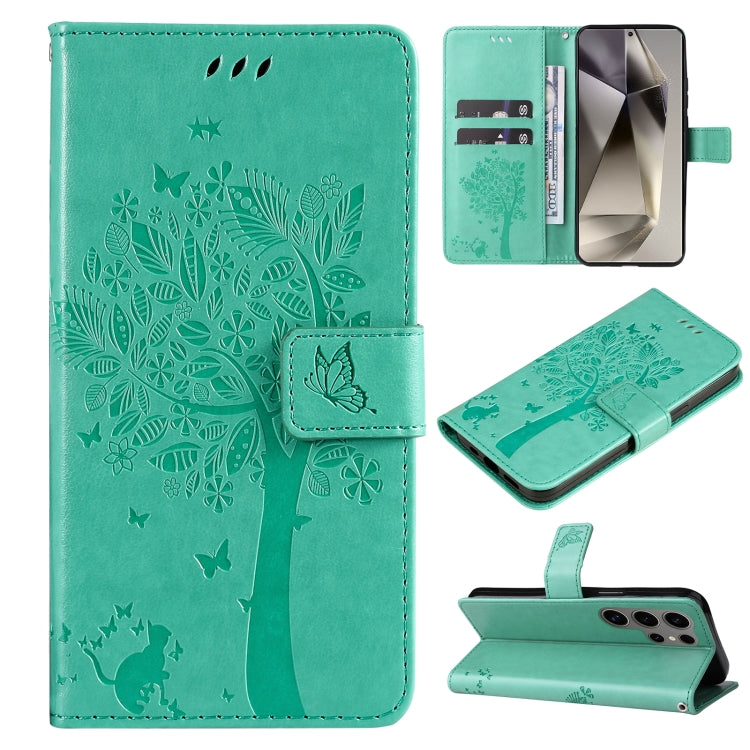 Custodia per telefono in pelle con motivo in rilievo albero e gatto, For Galaxy S25 Ultra 5G