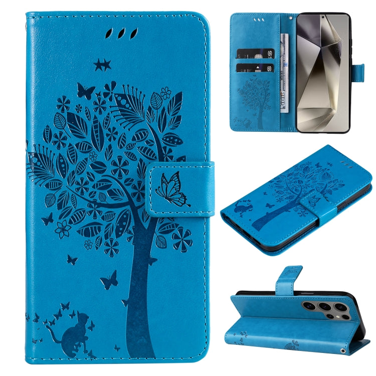 Custodia per telefono in pelle con motivo in rilievo albero e gatto, For Galaxy S25 Ultra 5G