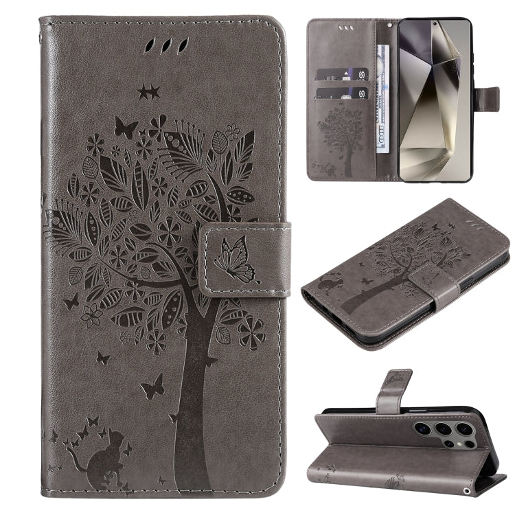 Custodia per telefono in pelle con motivo in rilievo albero e gatto, For Galaxy S25 Ultra 5G