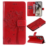 Custodia per telefono in pelle con motivo in rilievo albero e gatto, For Galaxy S25 Ultra 5G