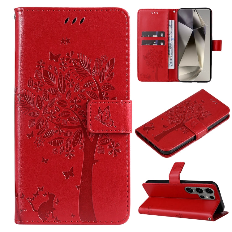 Custodia per telefono in pelle con motivo in rilievo albero e gatto, For Galaxy S25 Ultra 5G