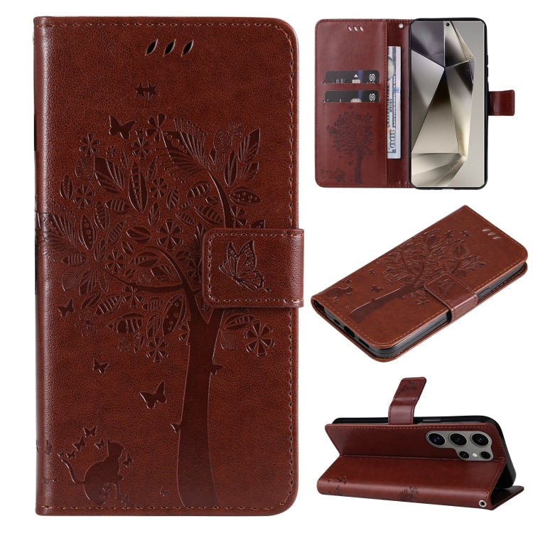 Custodia per telefono in pelle con motivo in rilievo albero e gatto, For Galaxy S25 Ultra 5G