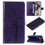 Custodia per telefono in pelle con motivo in rilievo albero e gatto, For Galaxy S25 Ultra 5G