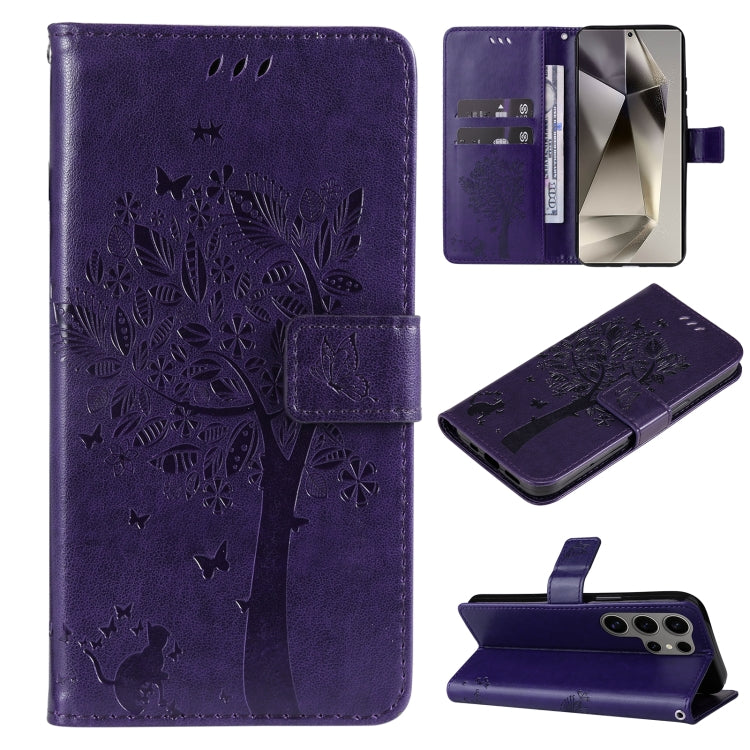 Custodia per telefono in pelle con motivo in rilievo albero e gatto, For Galaxy S25 Ultra 5G