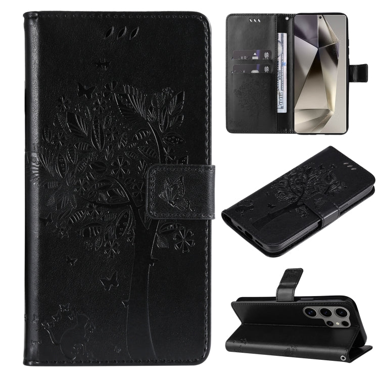 Custodia per telefono in pelle con motivo in rilievo albero e gatto, For Galaxy S25 Ultra 5G