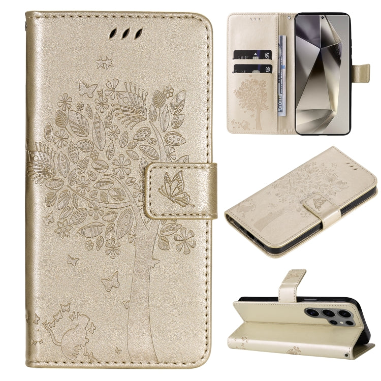 Custodia per telefono in pelle con motivo in rilievo albero e gatto, For Galaxy S25 Ultra 5G