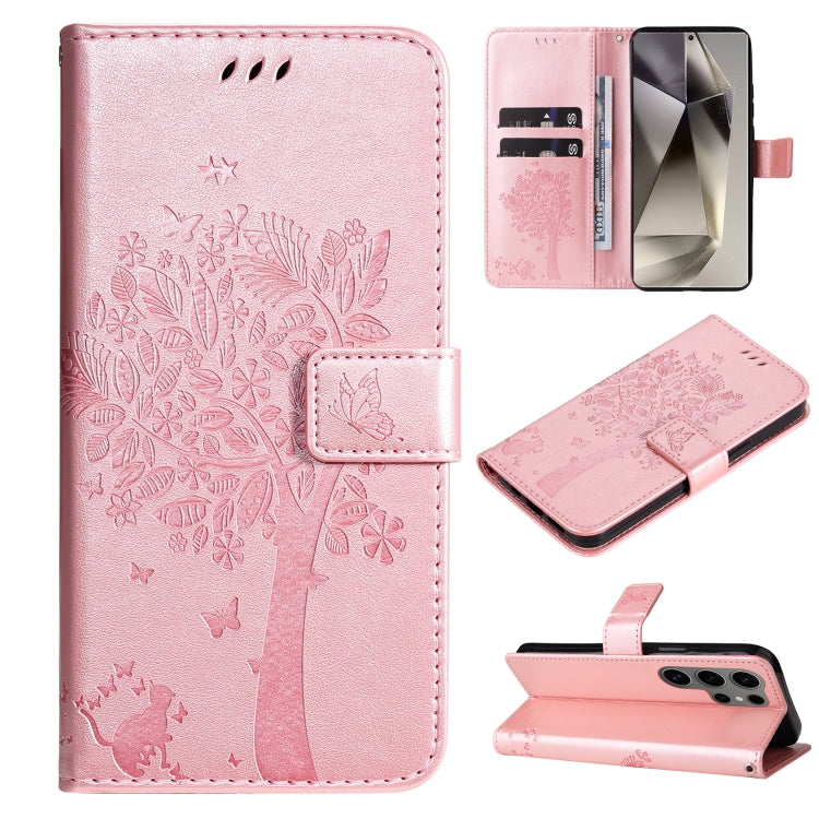 Custodia per telefono in pelle con motivo in rilievo albero e gatto, For Galaxy S25 Ultra 5G