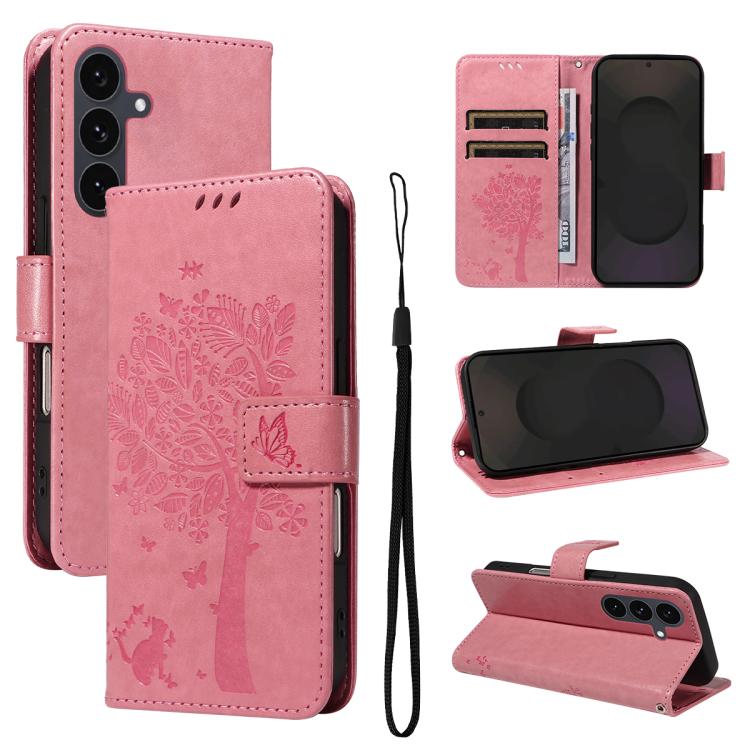 Custodia per telefono in pelle con motivo in rilievo albero e gatto, For Galaxy S26 5G, For Galaxy S25 FE 5G