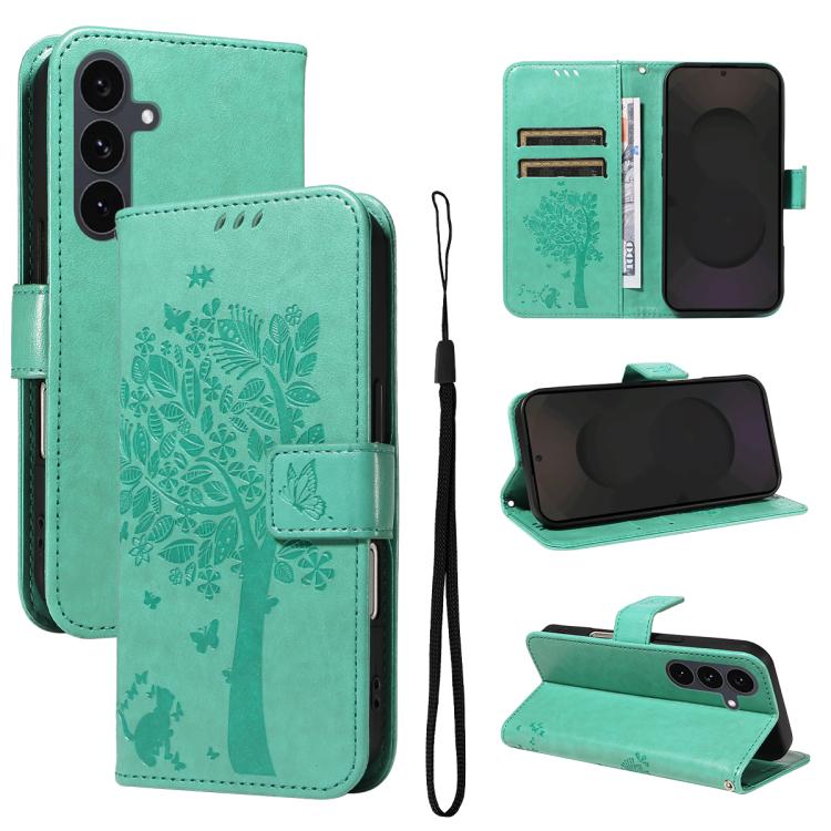 Custodia per telefono in pelle con motivo in rilievo albero e gatto, For Galaxy S26 5G, For Galaxy S25 FE 5G