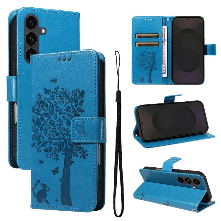 Custodia per telefono in pelle con motivo in rilievo albero e gatto, For Galaxy S26 5G, For Galaxy S25 FE 5G