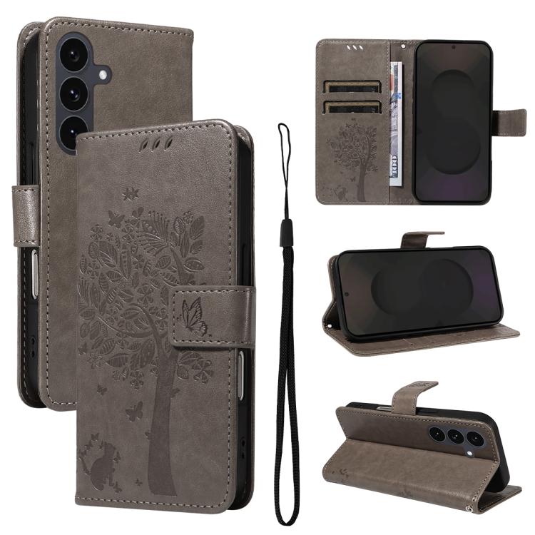 Custodia per telefono in pelle con motivo in rilievo albero e gatto, For Galaxy S26 5G, For Galaxy S25 FE 5G